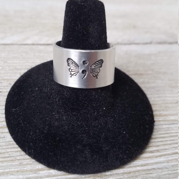 Wide band ring, semicolon butterfly wings; Hand-stamped US size 5 to size 10; suicide awareness statement ring, very durable aluminum