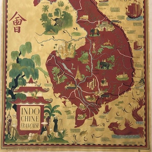 Map of Indochine Francaise by Lucien Boucher, circa 1945, Gorgeous Map of French Indochina, Vietnam