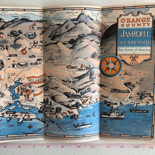 Orange County Jamboree Playland, Boy Scouts of America, 1953 Original Pictorial Map of Orange County, California w Irvine, Newport Beach