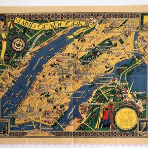 Une carte de New York par Russell Patterson, carte illustrée originale, Manhattan, New York, New York City