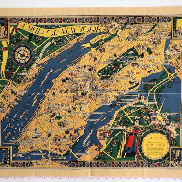 A Map of New York by Russell Patterson, Original 1939 Pictorial Map, Cartoon Map of Manhattan, NYC