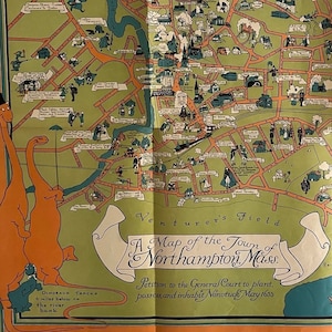 Une carte de la ville de Northampton, Massachusetts par Priscilla Paine, carte illustrée originale de 1934, carte illustrée de bande dessinée