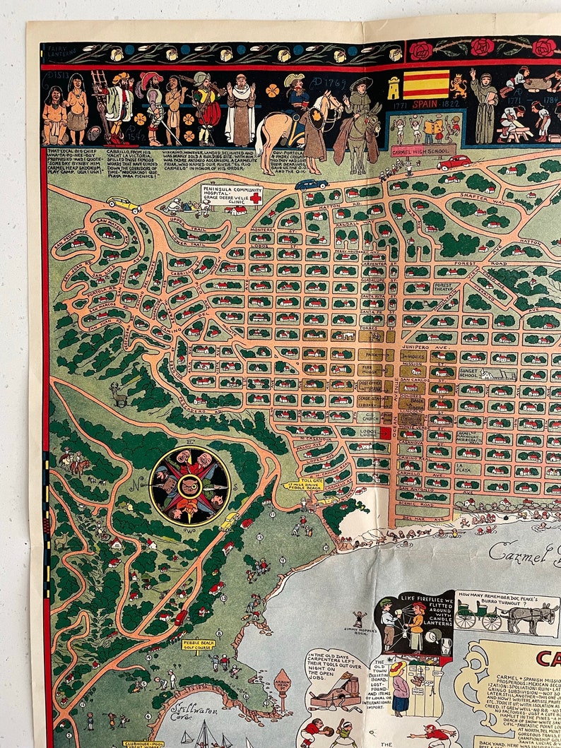 Cermel Mapi Carmel by the Sea by Jo Mora, Original 1942 Pictorial Map, California ...