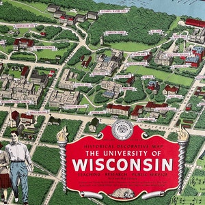 University of Wisconsin, Madison by Carl Beck, 1951 Original Pictorial Campus Map, UW Madison WI Badgers