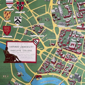 A Scott-Map of Harvard University and Radcliffe College by Alva Scott Garfield, Original Campus Pictorial Map, Cambridge, Massachusetts