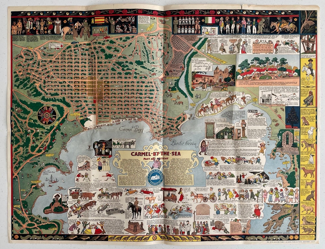 Cermel Mapi Carmel by the Sea by Jo Mora, Original 1942 Pictorial Map, California ...