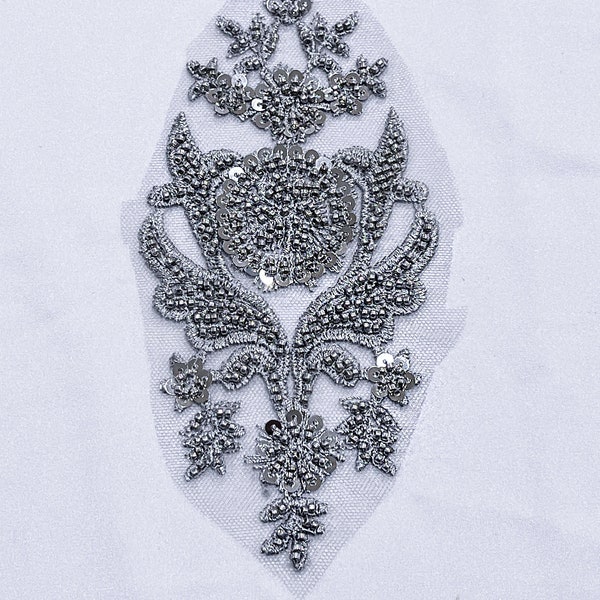 Silver GrayBeaded Applique Lace 7.5” x 3.5” Gorgeous! Use in Dance costumes  Ballroom Dance, Pageant, Bridal, Headpieces