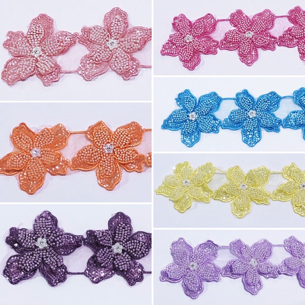 3D Beaded Flower Appliqué Trim 2.75”w  8 Colors Single Flower or BTY Bridesmaids Prom Dresses Ballroom Dance Tutus Costumes Pageants