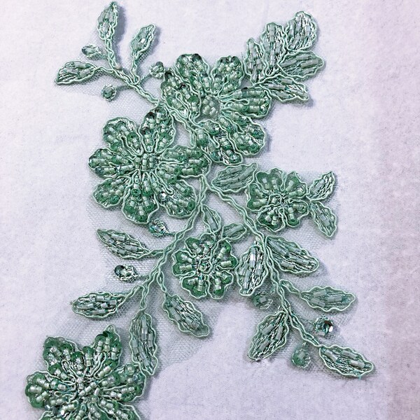 Mint Green Beaded Applique Lace Beautiful! Use in Dance costumes  Ballroom Dance, Pageant, Bridal, Headbands, Sashes