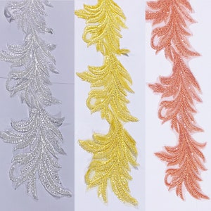 Leaf/Flame Beaded Trim Motif 5”  by the yard White Yellow Peach for Dance Prom Dresses Ballroom Dance Pageant Tutus Show Shirts