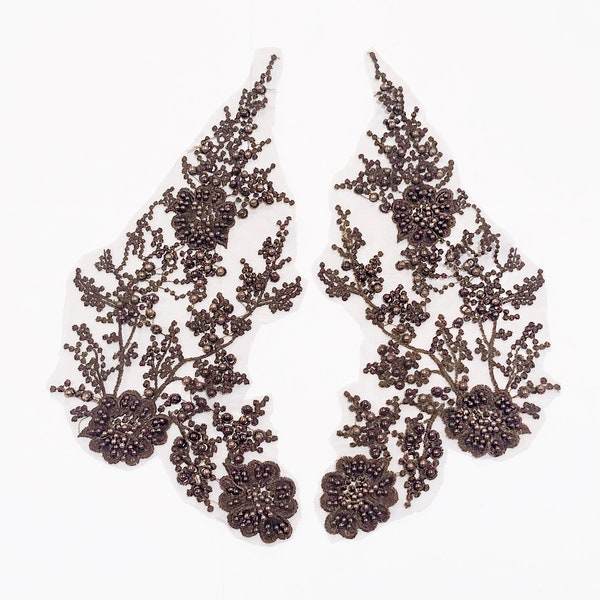 Chocolate Brown Beaded Appliqué Trim: Bridal, Dance Costume Embellishment