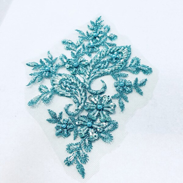 Mint Green Metallic Beaded Applique, Beaded Lace for Dance costumes Ballroom Dance, Pageant, Bridal, Headbands, Sashes