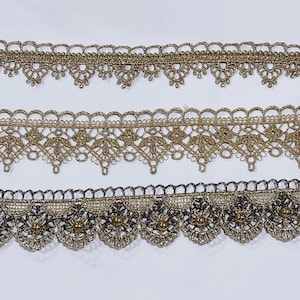 Metallic Gold Filigree Lace Trim: Corded Guipure Edging, Dance Costumes 1” and 1.5” wide BTY