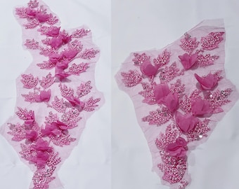 Pink Rose Beaded Lace Applique: 3D Chiffon Flower Vine