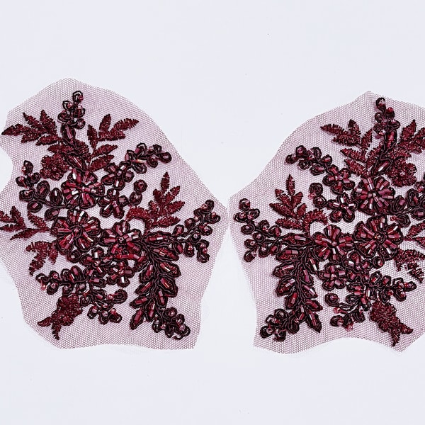 Pair Wine Burgundy Maroon  5.5”x4” Hand Beaded Applique Lace  Dance costumes  Ballroom Dance, Pageant, Bridal, Hairpieces