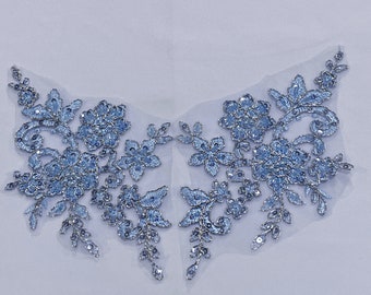 Pair Baby Blue Light Blue Beaded Applique Lace with Silver Metallic Cord Edges! Dance costumes Ballroom Dance Pageant Bridal Hairpiece 8”x5”