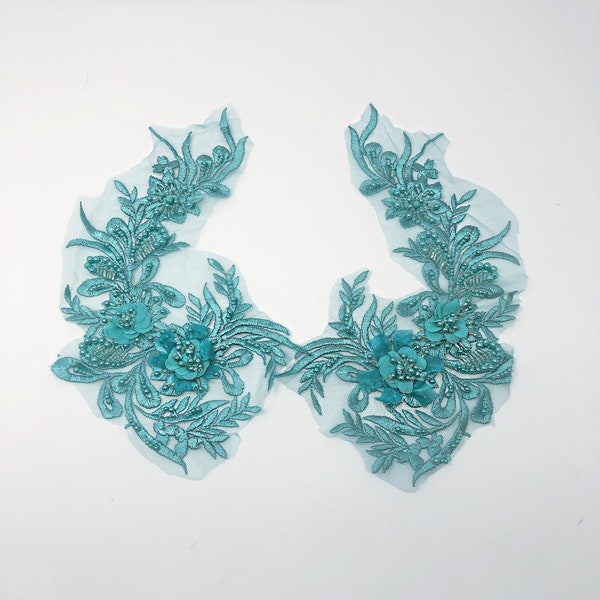 Pair 3D Aqua blue green light turquoise teal 12”x5” Beautiful Beaded Apliqué Lace for Dance costumes Ballroom Dance Pageant Bridal Headbands