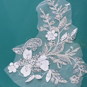 3D White Silver  Beaded Lace Applique: Silk Flowers, clear sequins Silver Threads 3 sizes Bridal Costume