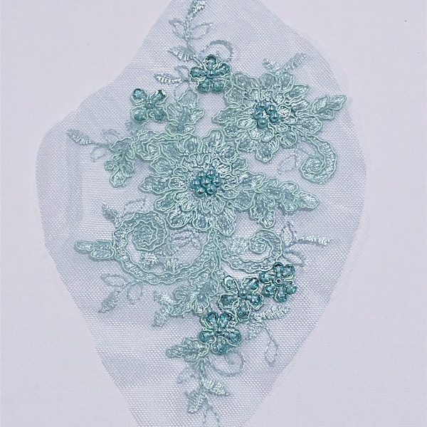 Mint green Beaded Applique Lace for Dance costumes Ballroom Dance, Pageant, Bridal, Headbands, Sashes