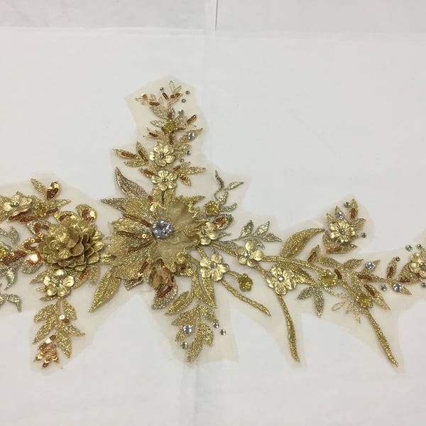 3D Floral Metallic Beaded Applique 9.5" x 14.5" - 5 colors