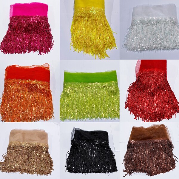 8” Hologram Sequin Fringe with Mesh 10 colors For Ballroom, Latin, Jazz, Western wear show shirts Pageant Wear Cosplay Costumes By The YARD