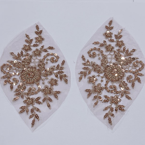 Pair Rose Gold Metallic Beaded Lace Applique 8” x 4.5”  just beautiful! Use in Dance costumes  Ballroom Pageant, Bridal, Prom, Hairpieces