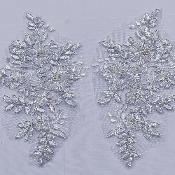 Pair White  with Silver Cord 7.5” x 4.25” Beaded Applique Lace Gorgeous! Use in Dance costumes  Ballroom Dance, Pageant, Bridal, Hairpieces