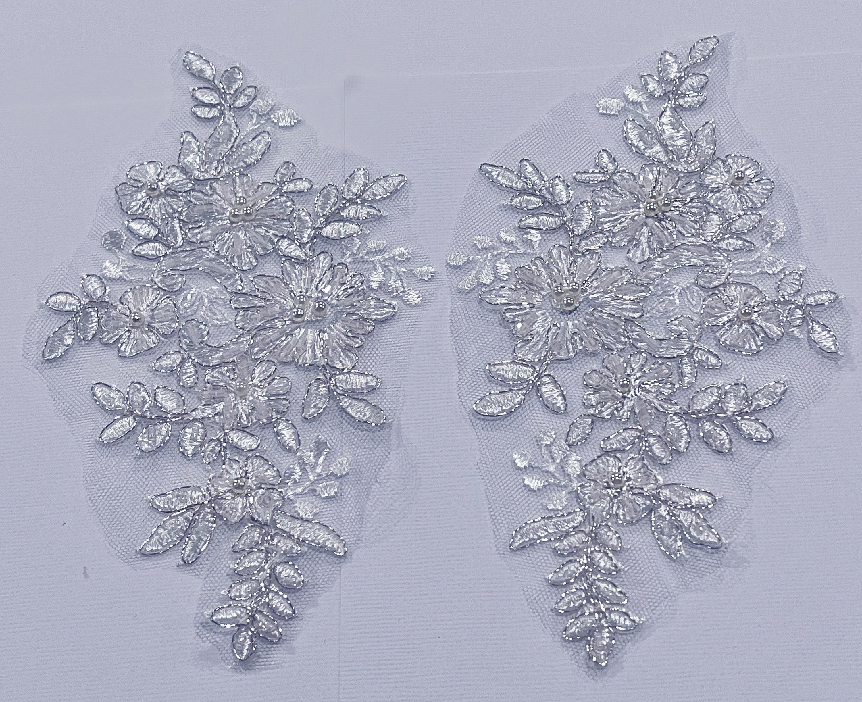 Beaded Lace Applique Pair: White & Silver Floral 