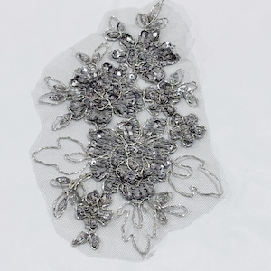 Silver Beaded Appliques Metallic Cord Lace (7”x 4.5”)