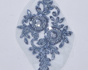 Applique de dentelle perlée bleu pervenche 20 x 4,5 cm, fortement perlée, à utiliser dans les costumes de danse, danse de salon, reconstitution historique, postiches de mariée