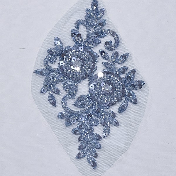 Periwinkle Blue Beaded Lace  Applique 8”x4.5” Heavily Beaded For Use in Dance costumes  Ballroom Dance Pageant Bridal Hairpieces