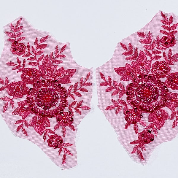 Pair Hot Pink Beaded Appliqué Lace for Dance Costumes Ballroom Dance, skating. Prom, Bridesmaids dresses, Headpieces