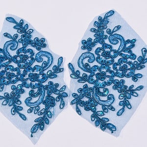Turquoise Sequined Lace Applique Pair: Bridal, Dance Costume (6.5”x5.25”)