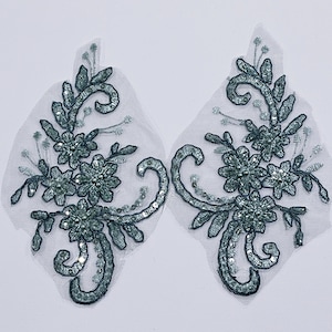 Sage Green Beaded Lace Applique: Pearl & Sequin Floral Embroidery