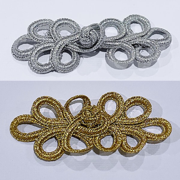 Frog Closure Fasteners Chinese Buttons in Metallic Gold or Metallic Silver 3.25” when buttoned