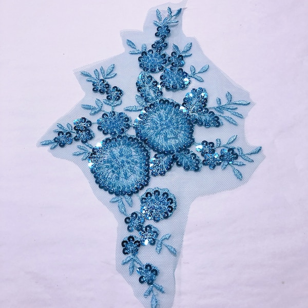 Turquoise Blue Beaded Lace Applique: Floral Dance Costume Trim