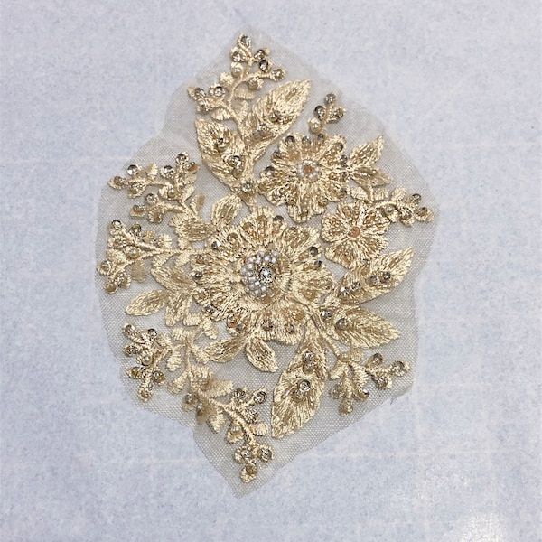 Champagne Beaded Lace Applique: Bridal, Dance Costume (8” x 5.5”)