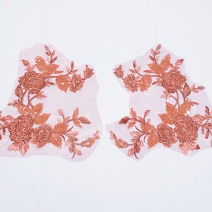Pair of Vine Floral Salmon Beaded Embroidered Lace Appliqué 11.5” x 11.5” For Dance Ballroom Skating Pageant Dresses Tutus Prom Bridal