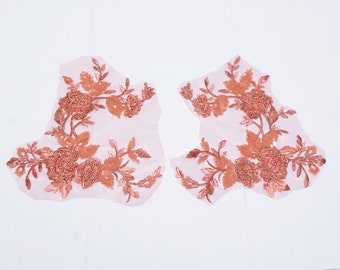 Pair of Vine Floral Salmon Beaded Embroidered Lace Appliqué 11.5” x 11.5” For Dance Ballroom Skating Pageant Dresses Tutus Prom Bridal