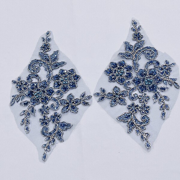 Pair Powder Blue Sapphire Blue Beaded Applique Lace with Silver Metallic Cord Edges Dance costumes Ballroom Pageant Bridal Hairpiece 8”x5”