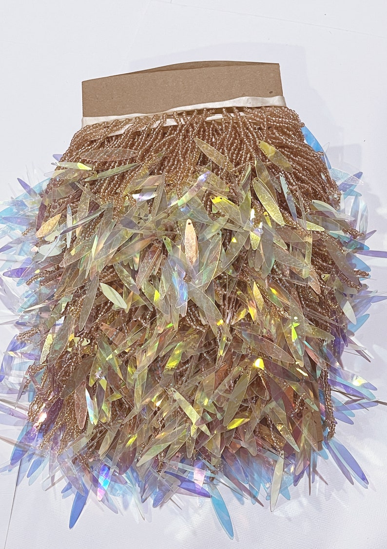 Beaded Fringe Trim: Gold Seed Beads, Acrylic Pailette - 5" Wide