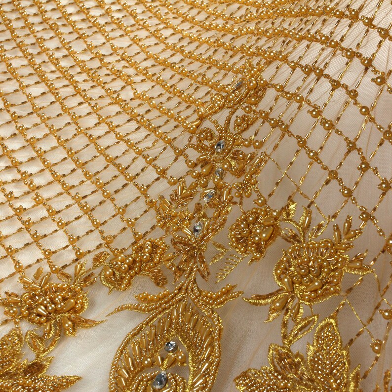 New fashion ivory heavy handmade beads on netting embroidered wedding dressevening dress lace fabric by yard
