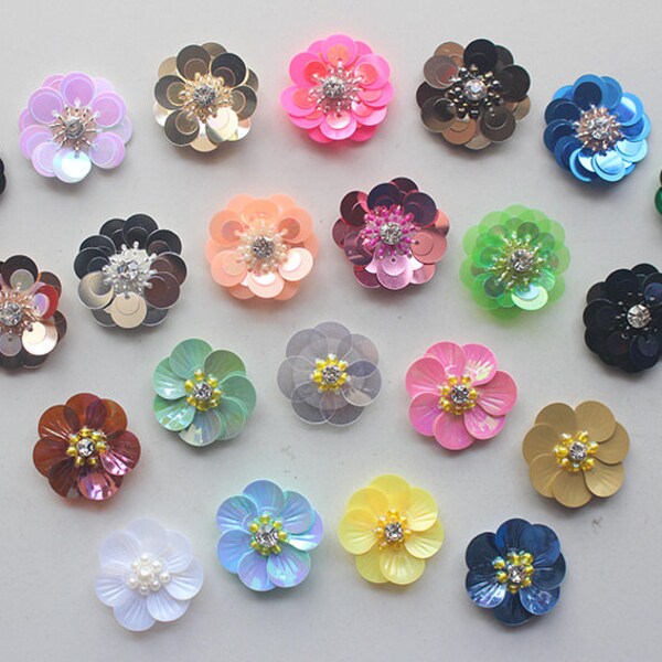 50pcs / lot 3D Sequin Fleurs Handmade Sew-on Patches DIY Wedding Crafts Chaussures Sacs Vêtement Design Accessoire 3cm