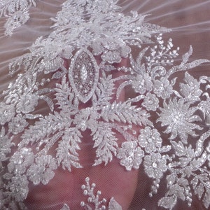 New  white lace,heavy beaded lace fabric,beads sequins on netting embroidery lace,high patterns lace fabric by yard