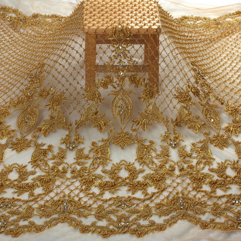 New fashion ivory heavy handmade beads on netting embroidered wedding dressevening dress lace fabric by yard