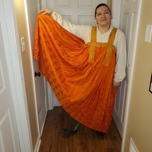 Orange Russian Apron Dress with metallic accents- Sarafan, one of a kind made from upcycled silk sari