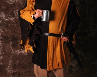 Linen Houppelande with Square Dags (Party-Colored) Men's Medieval Costume Garb SCA LARP Renaissance Knee-Length Shirt Tunic Surcoat