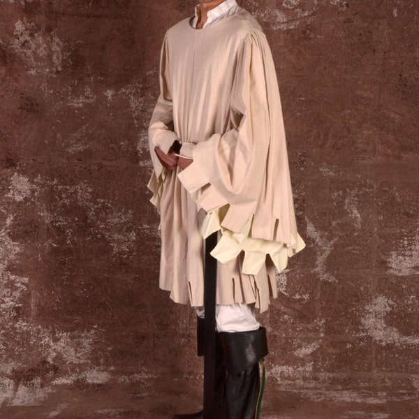 Cotton Houppelande with Square Dags (Solid-Colored ) Men's Medieval Costume Garb SCA LARP Renaissance Knee-Length Shirt Tunic Surcoat