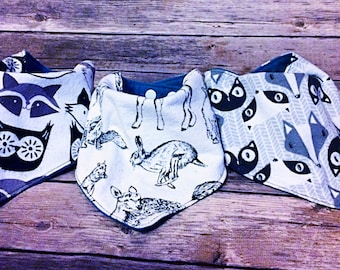 Baby Drool Bibs/ Set of 3 bandanas/ monochrome forest animal print/  Bibdana/ baby shower gift/ dribble bibs