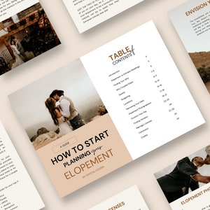 Op de afbeelding: Een gids voor het plannen van je elopement met een bruin en wit kleurenschema. De omslag toont een stel dat elkaar kust voor een bergketen. De titel "Hoe je begint met het plannen van je elopement" staat in een bruine doos met een witte rand.